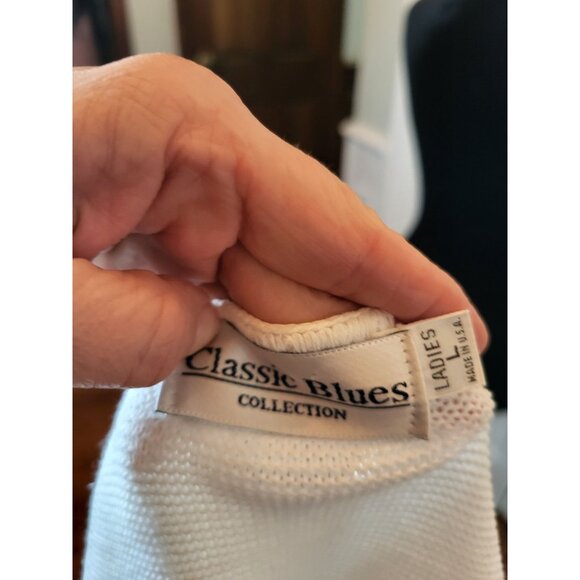 Vintage 90s White Cotton Cardigan Classic Blues L Minimalist Cottage Fairy Retro - Picture 4 of 11